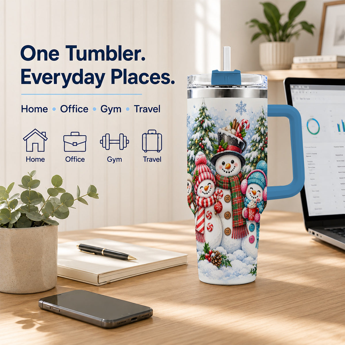 #pl[40oz|Blue] Snowman Family 40oz Tumbler with Handle, Watercolor Travel Cup