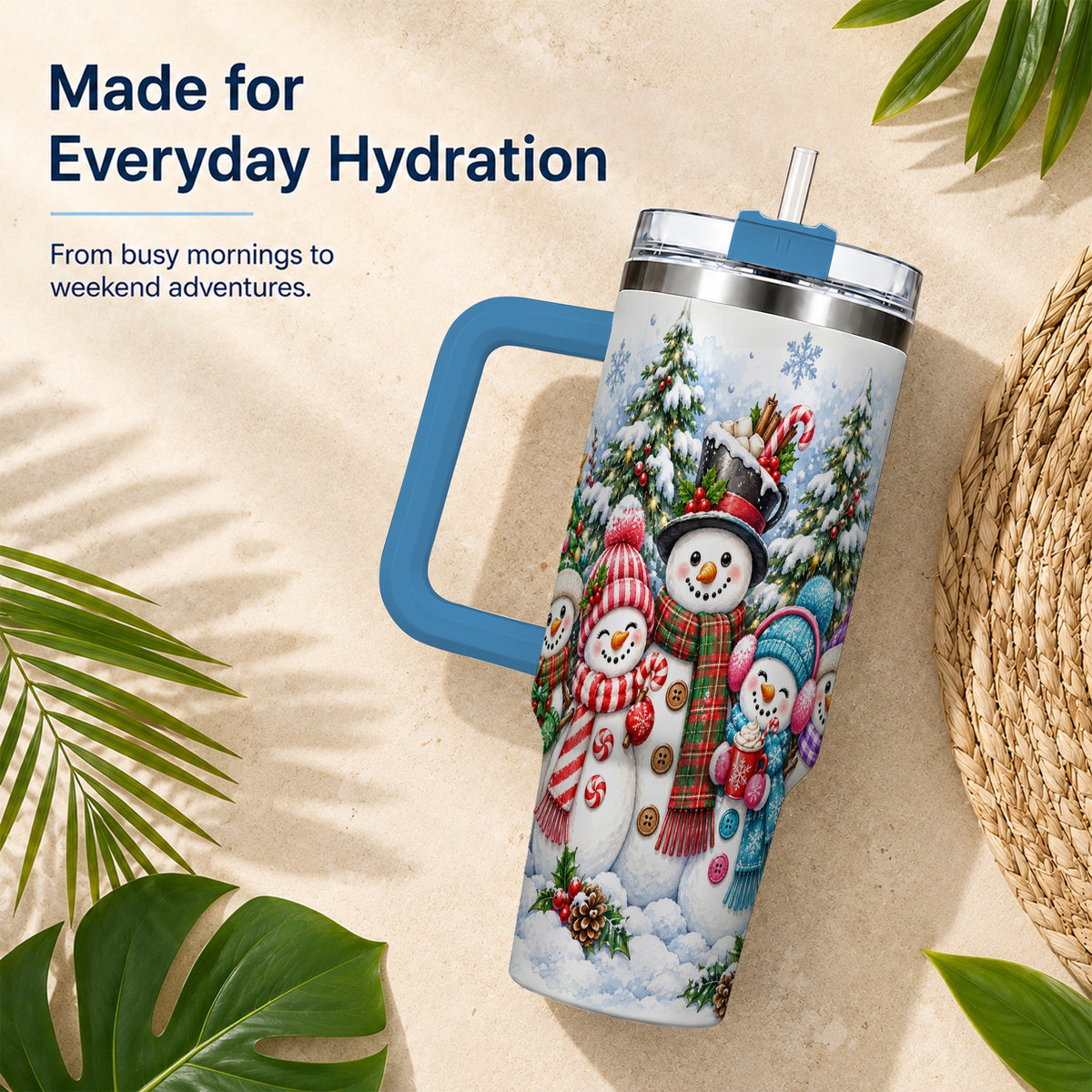 #pl[40oz|Blue] Snowman Family 40oz Tumbler with Handle, Watercolor Travel Cup