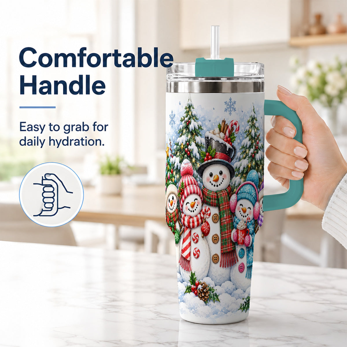 #pl[40oz|Green] Snowman Family 40oz Tumbler with Handle, Watercolor Travel Cup