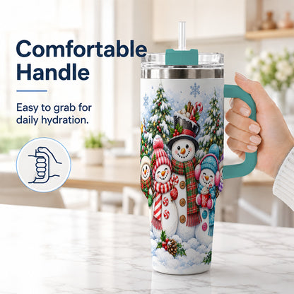 #pl[40oz|Green] Snowman Family 40oz Tumbler with Handle, Watercolor Travel Cup