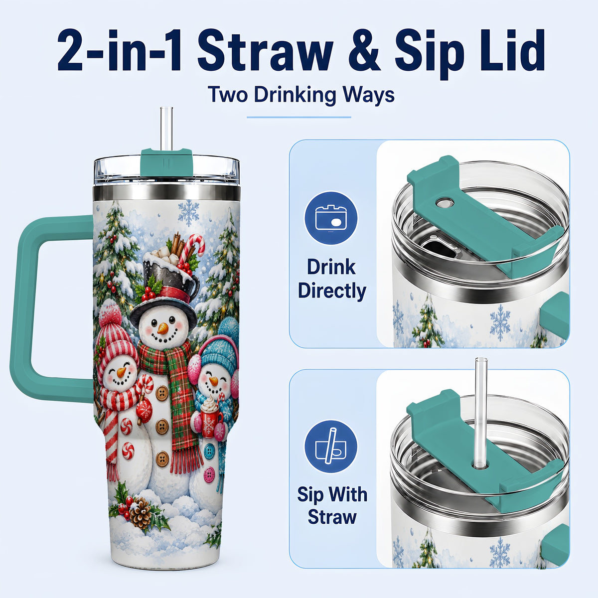 #pl[40oz|Green] Snowman Family 40oz Tumbler with Handle, Watercolor Travel Cup