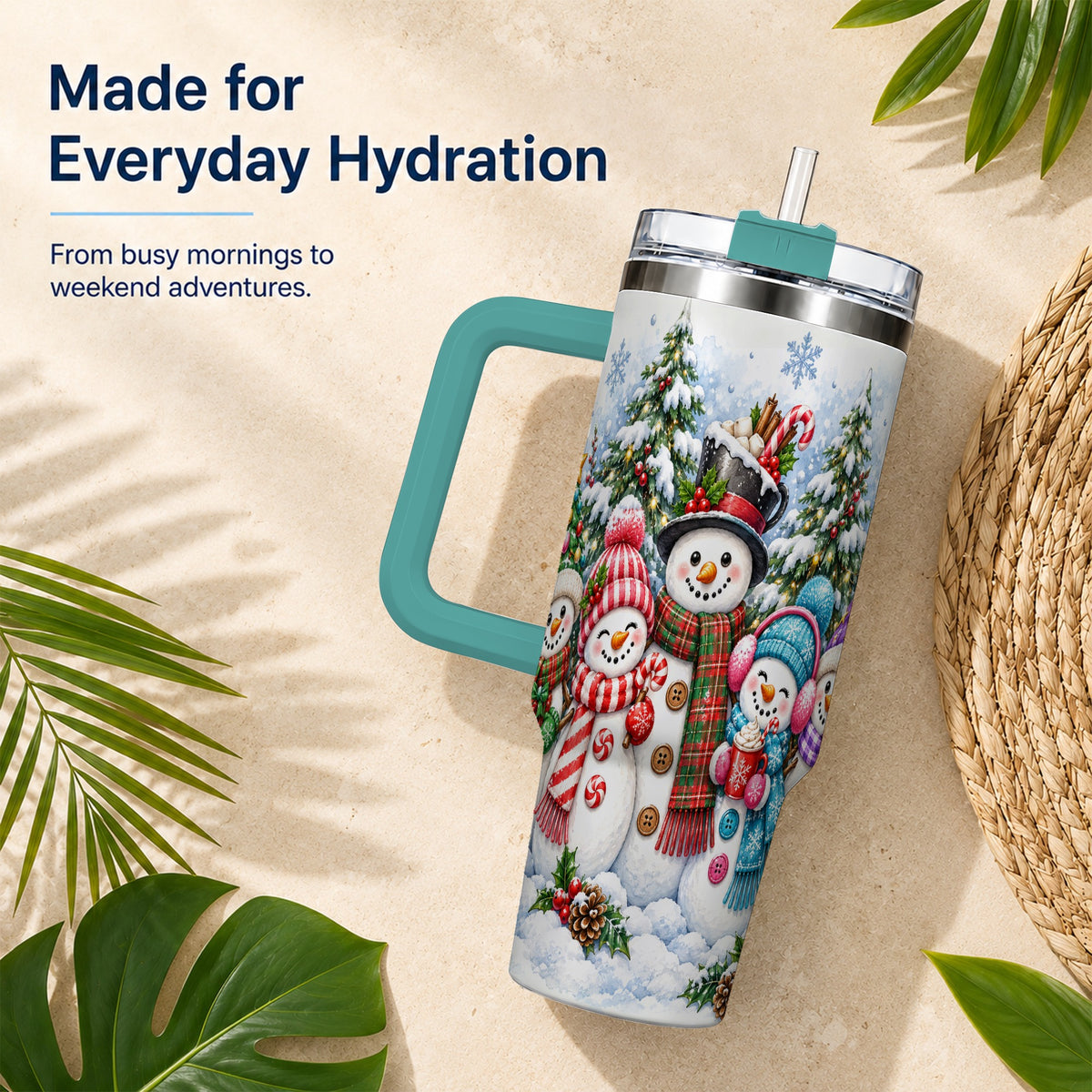 #pl[40oz|Green] Snowman Family 40oz Tumbler with Handle, Watercolor Travel Cup