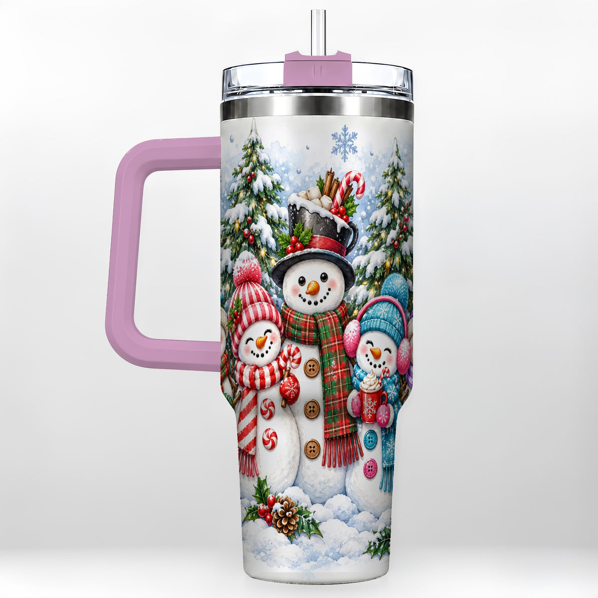 #pl[40oz|Pink] Snowman Family 40oz Tumbler with Handle, Watercolor Travel Cup