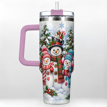 #pl[40oz|Pink] Snowman Family 40oz Tumbler with Handle, Watercolor Travel Cup
