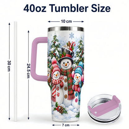 #pl[40oz|Pink] Snowman Family 40oz Tumbler with Handle, Watercolor Travel Cup