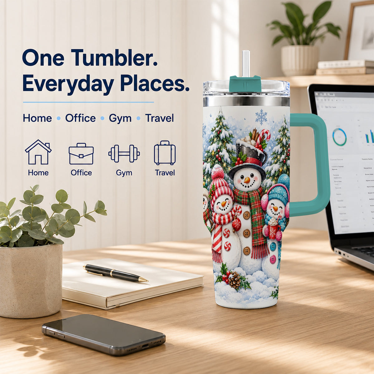 #pl[40oz|Green] Snowman Family 40oz Tumbler with Handle, Watercolor Travel Cup