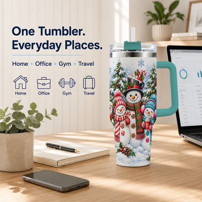 #pl[40oz|Green] Snowman Family 40oz Tumbler with Handle, Watercolor Travel Cup