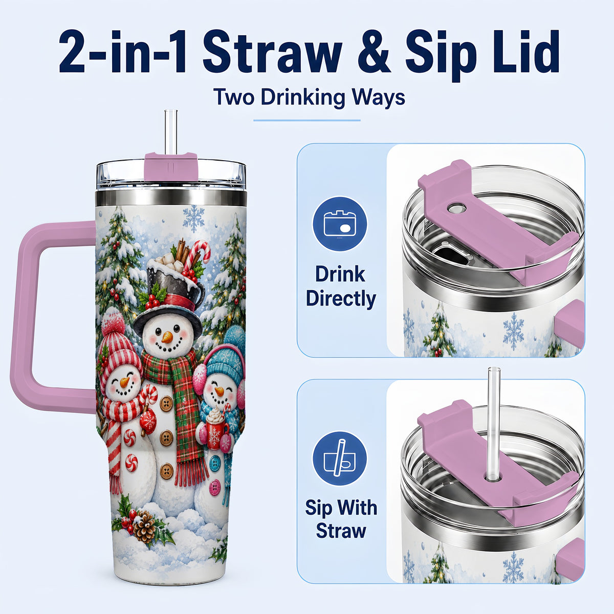 #pl[40oz|Pink] Snowman Family 40oz Tumbler with Handle, Watercolor Travel Cup