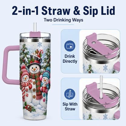 #pl[40oz|Pink] Snowman Family 40oz Tumbler with Handle, Watercolor Travel Cup