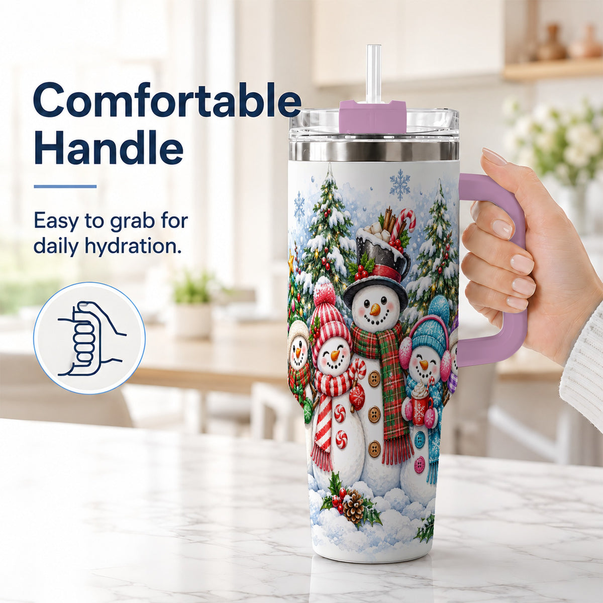 #pl[40oz|Pink] Snowman Family 40oz Tumbler with Handle, Watercolor Travel Cup