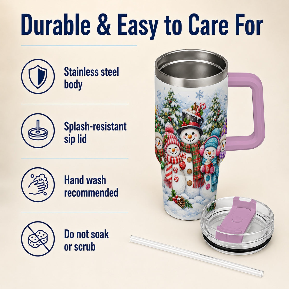 #pl[40oz|Pink] Snowman Family 40oz Tumbler with Handle, Watercolor Travel Cup