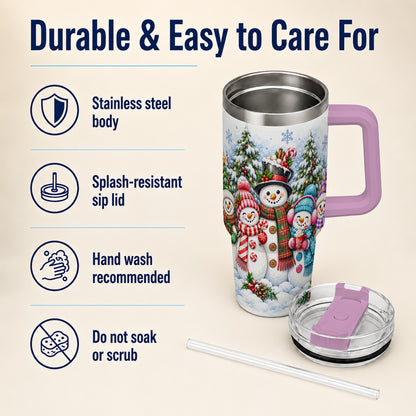 #pl[40oz|Pink] Snowman Family 40oz Tumbler with Handle, Watercolor Travel Cup