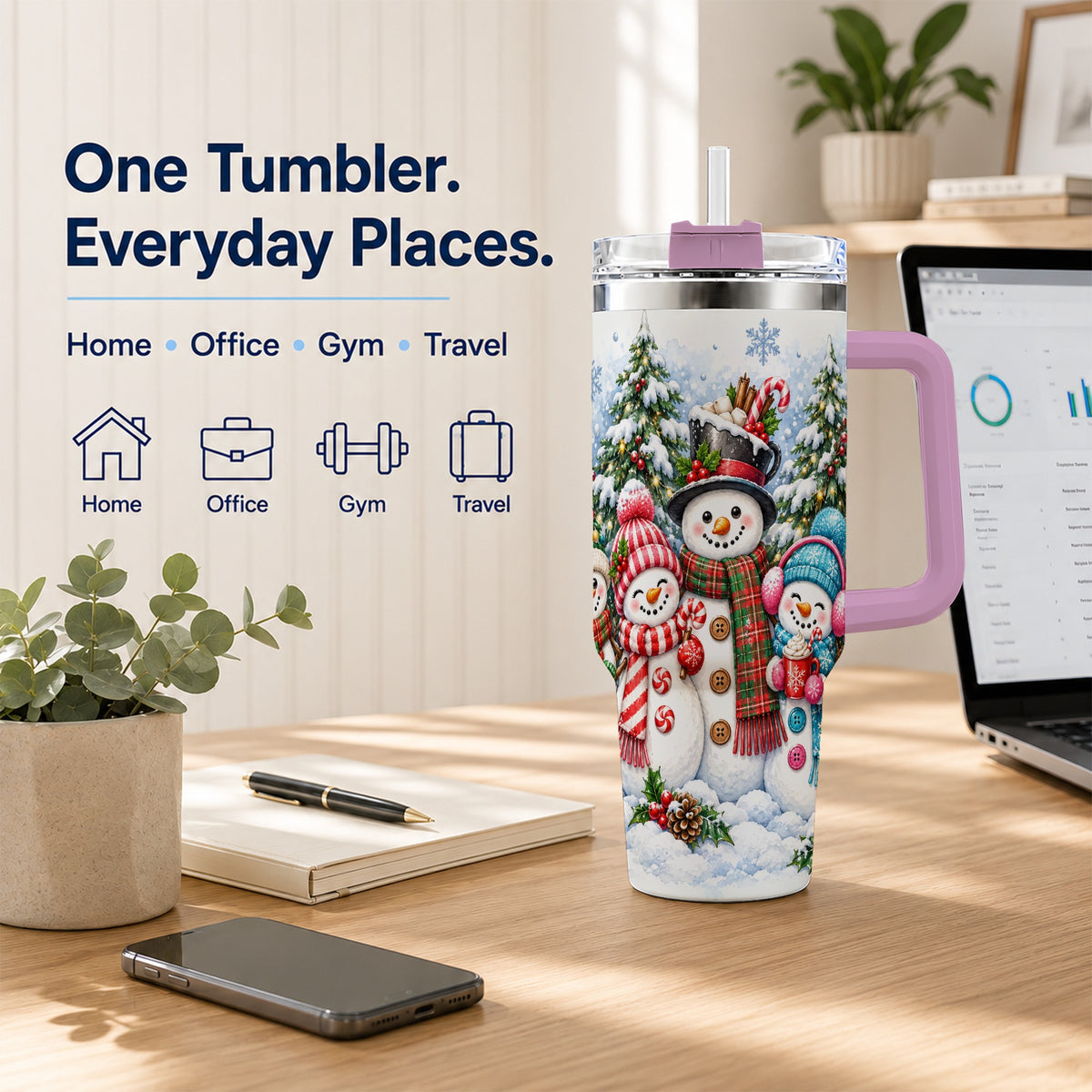 #pl[40oz|Pink] Snowman Family 40oz Tumbler with Handle, Watercolor Travel Cup