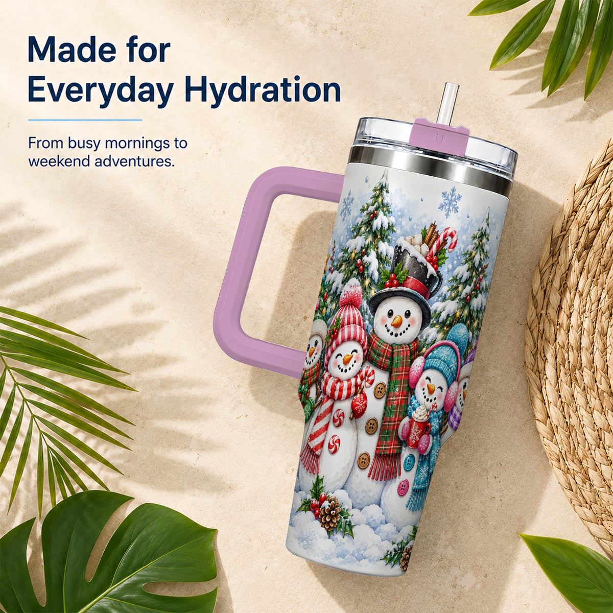 #pl[40oz|Pink] Snowman Family 40oz Tumbler with Handle, Watercolor Travel Cup