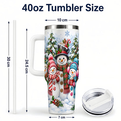 #pl[40oz|White] Snowman Family 40oz Tumbler with Handle, Watercolor Travel Cup