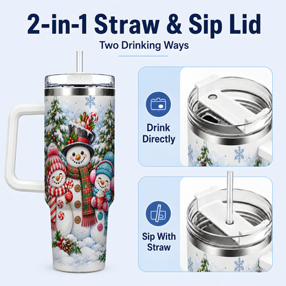 #pl[40oz|White] Snowman Family 40oz Tumbler with Handle, Watercolor Travel Cup