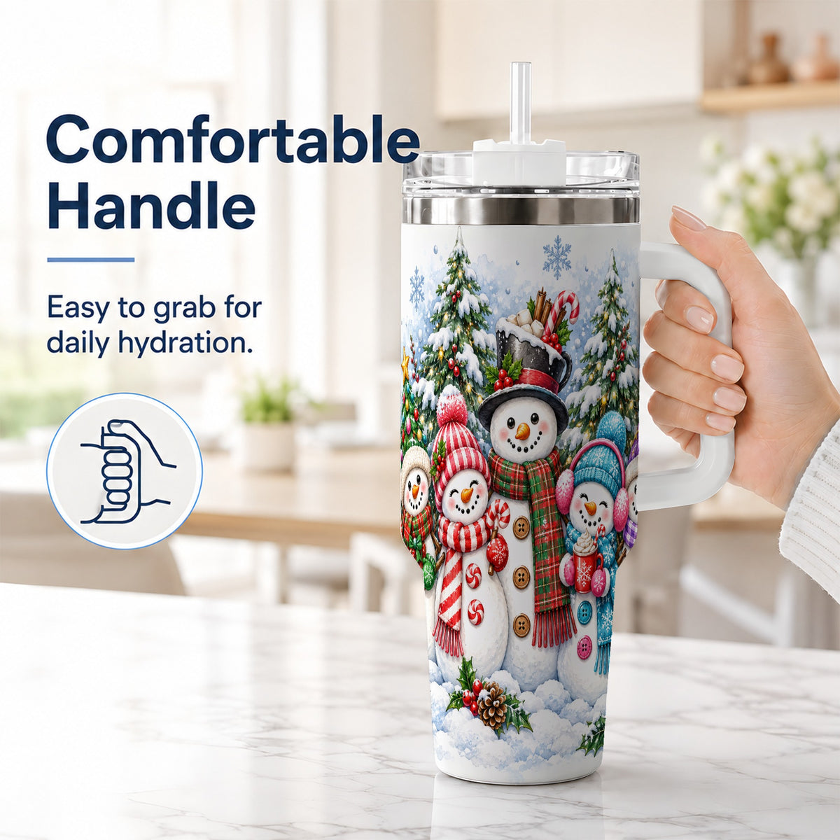 #pl[40oz|White] Snowman Family 40oz Tumbler with Handle, Watercolor Travel Cup