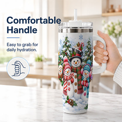 #pl[40oz|White] Snowman Family 40oz Tumbler with Handle, Watercolor Travel Cup