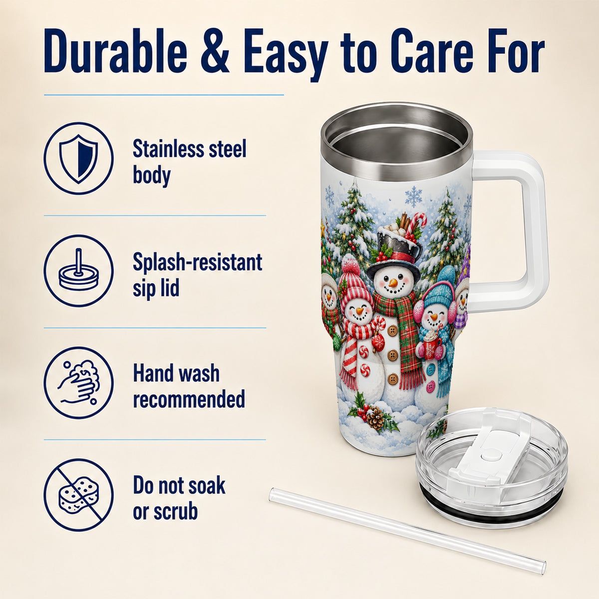#pl[40oz|White] Snowman Family 40oz Tumbler with Handle, Watercolor Travel Cup