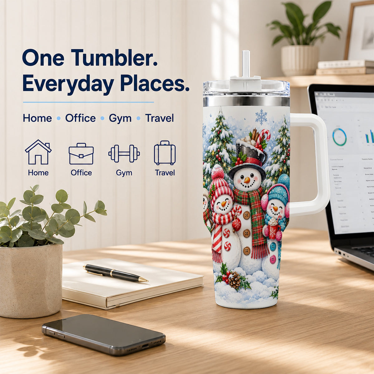#pl[40oz|White] Snowman Family 40oz Tumbler with Handle, Watercolor Travel Cup