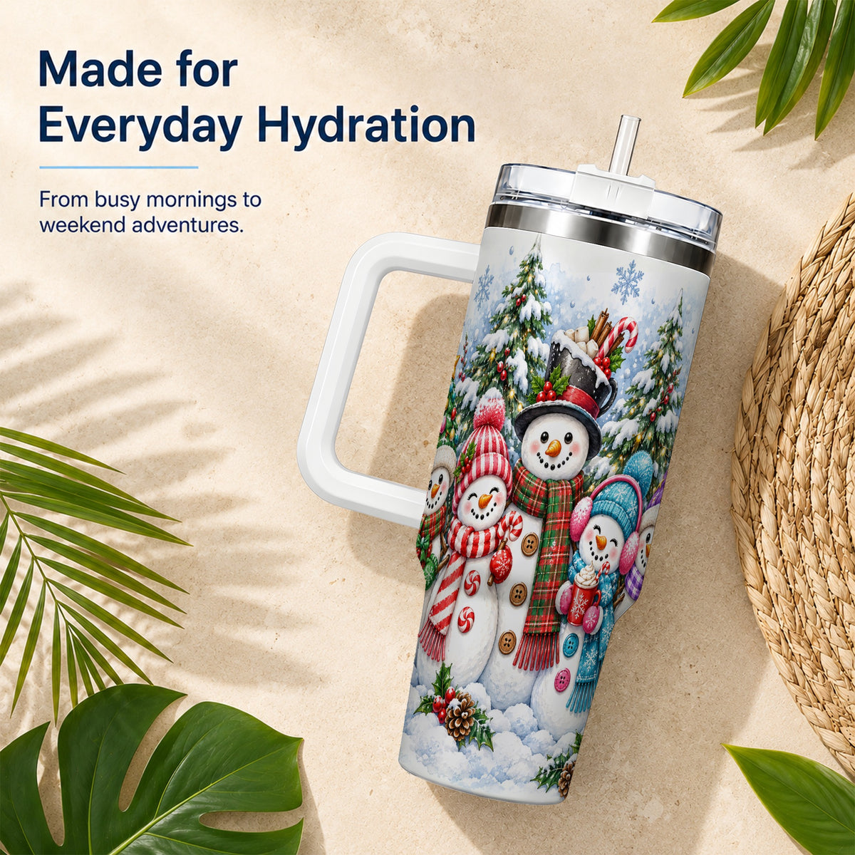 #pl[40oz|White] Snowman Family 40oz Tumbler with Handle, Watercolor Travel Cup