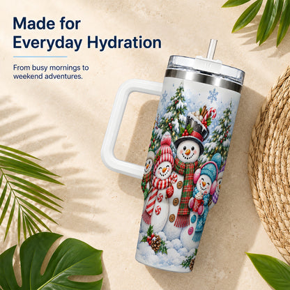 #pl[40oz|White] Snowman Family 40oz Tumbler with Handle, Watercolor Travel Cup