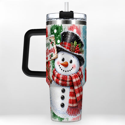 #pl[40oz|Black] Christmas Snowman 40oz Tumbler with Handle, Holiday Travel Cup