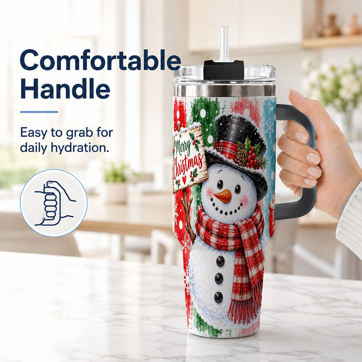 #pl[40oz|Black] Christmas Snowman 40oz Tumbler with Handle, Holiday Travel Cup