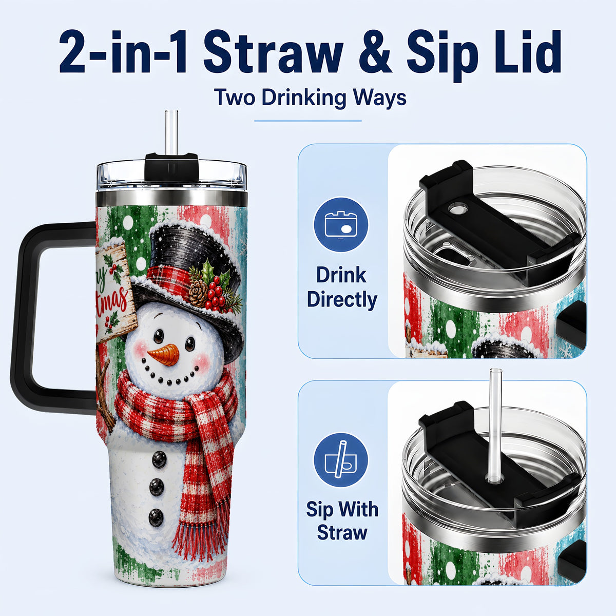 #pl[40oz|Black] Christmas Snowman 40oz Tumbler with Handle, Holiday Travel Cup