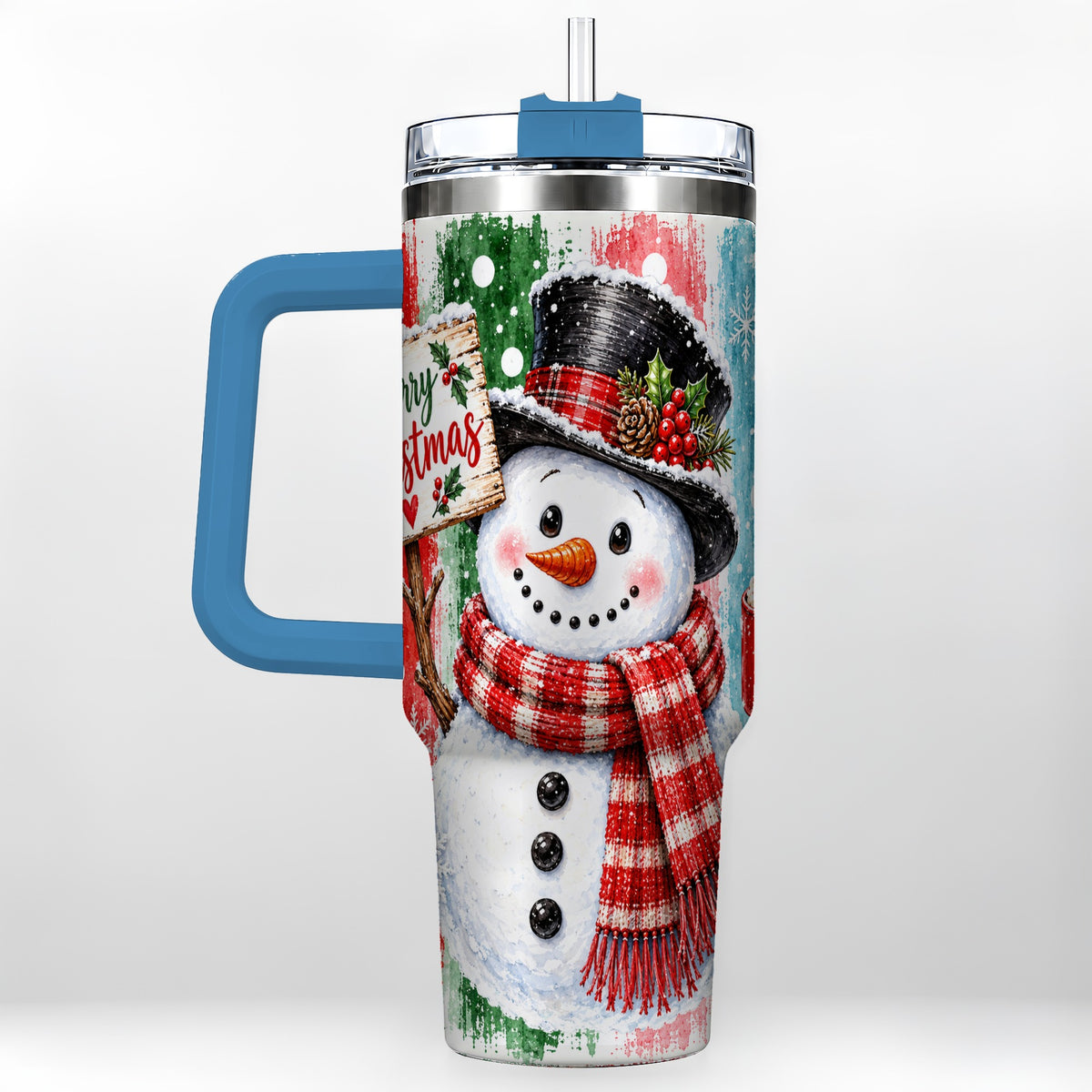 #pl[40oz|Blue] Christmas Snowman 40oz Tumbler with Handle, Holiday Travel Cup