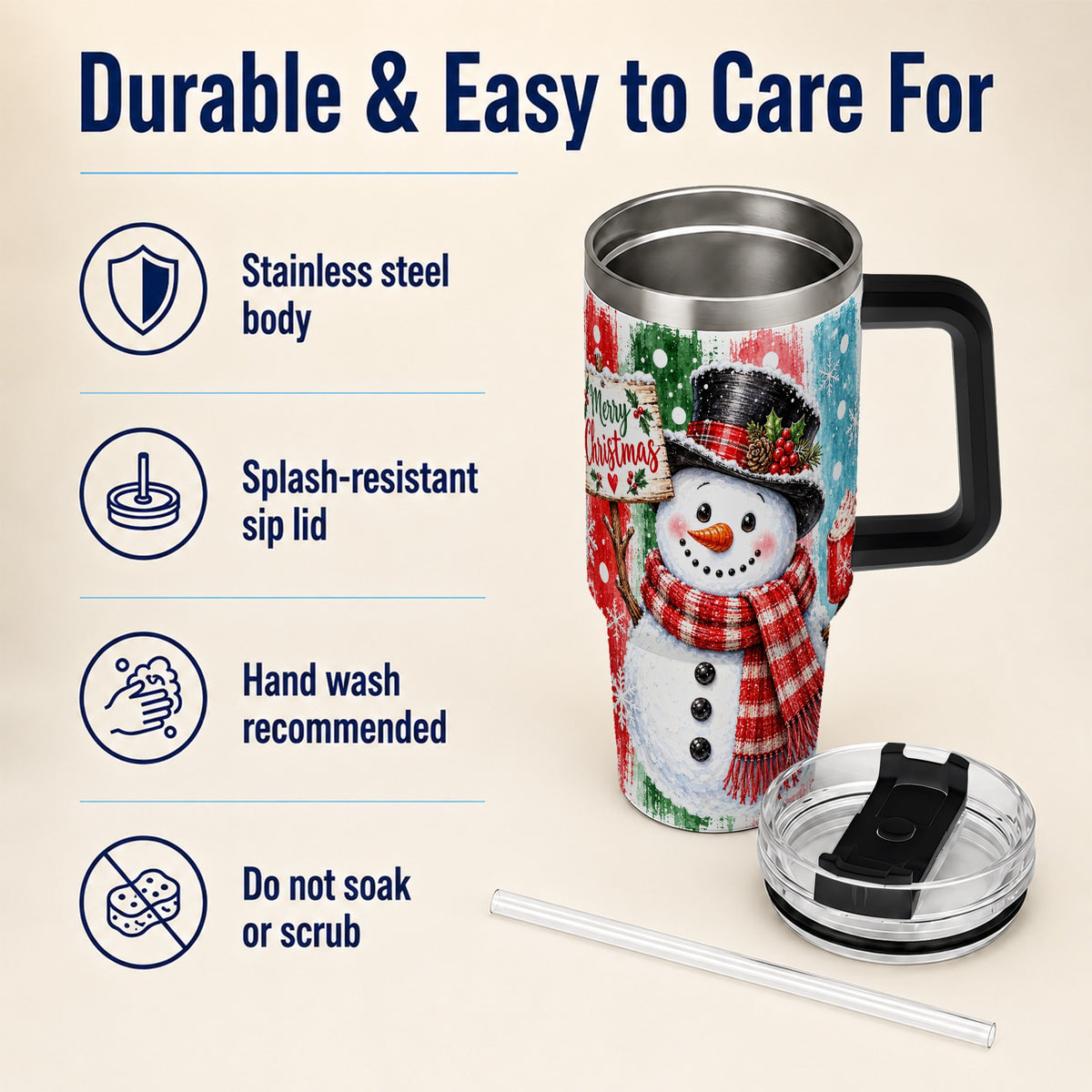 #pl[40oz|Black] Christmas Snowman 40oz Tumbler with Handle, Holiday Travel Cup