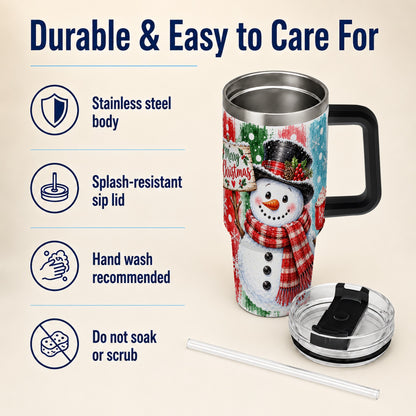 #pl[40oz|Black] Christmas Snowman 40oz Tumbler with Handle, Holiday Travel Cup