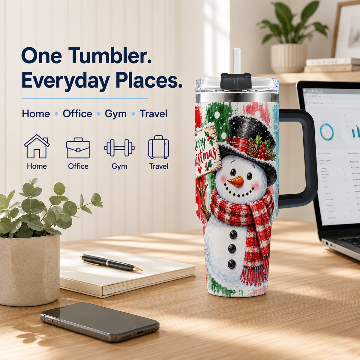 #pl[40oz|Black] Christmas Snowman 40oz Tumbler with Handle, Holiday Travel Cup