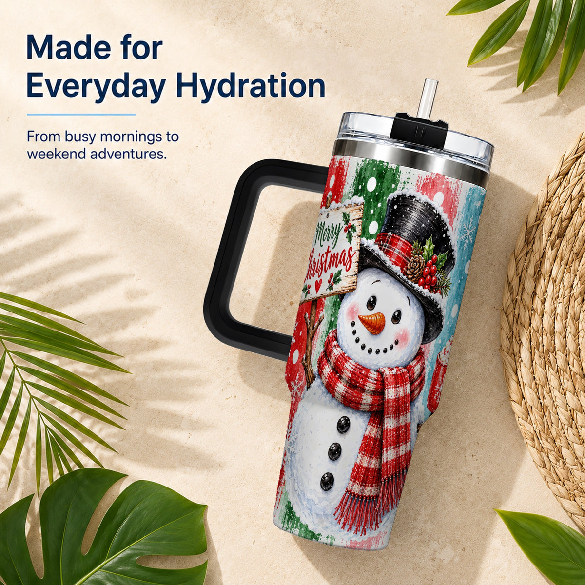 #pl[40oz|Black] Christmas Snowman 40oz Tumbler with Handle, Holiday Travel Cup