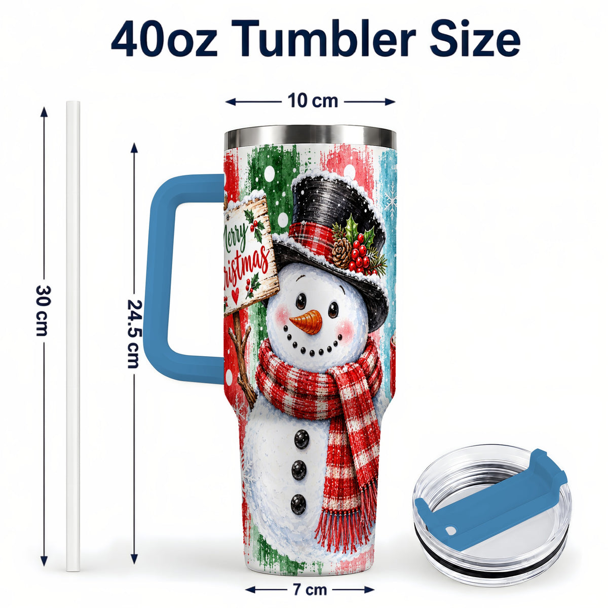 #pl[40oz|Blue] Christmas Snowman 40oz Tumbler with Handle, Holiday Travel Cup