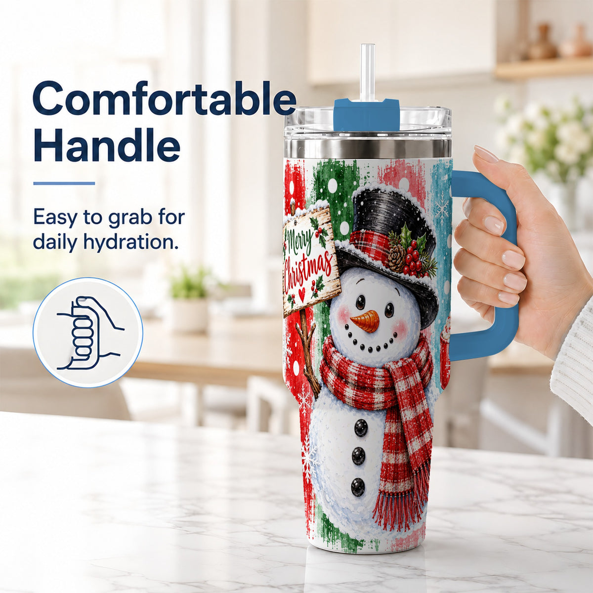#pl[40oz|Blue] Christmas Snowman 40oz Tumbler with Handle, Holiday Travel Cup