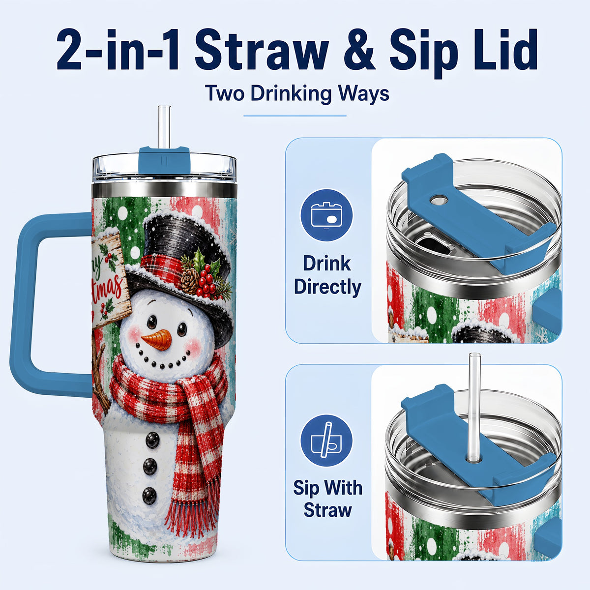 #pl[40oz|Blue] Christmas Snowman 40oz Tumbler with Handle, Holiday Travel Cup