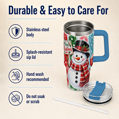 #pl[40oz|Blue] Christmas Snowman 40oz Tumbler with Handle, Holiday Travel Cup