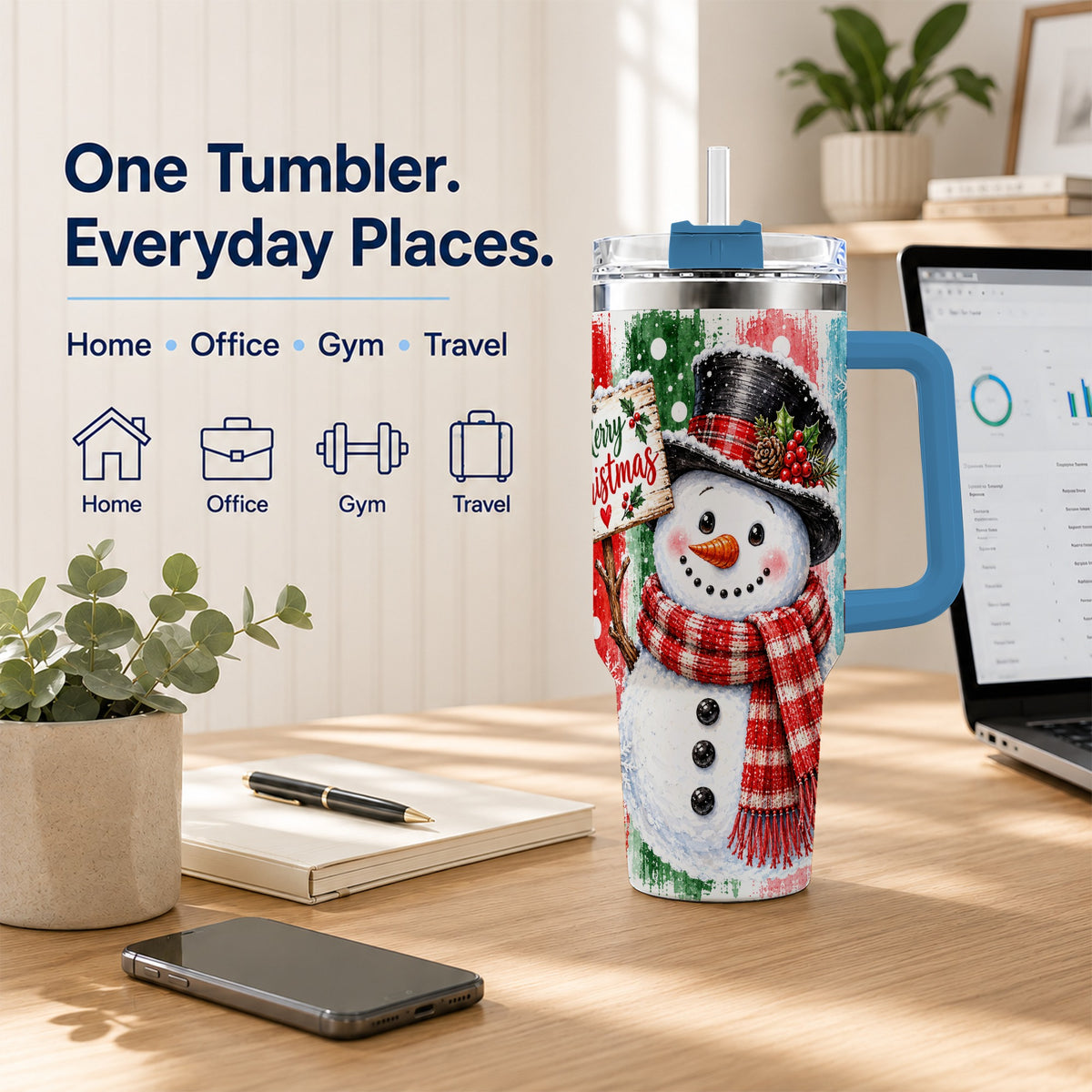 #pl[40oz|Blue] Christmas Snowman 40oz Tumbler with Handle, Holiday Travel Cup