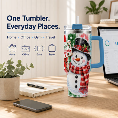 #pl[40oz|Blue] Christmas Snowman 40oz Tumbler with Handle, Holiday Travel Cup