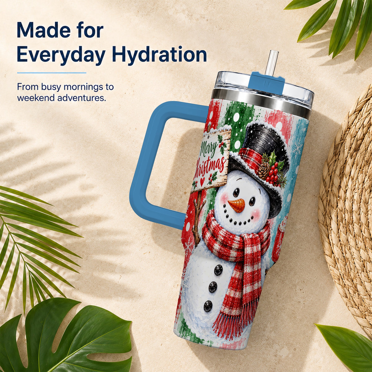 #pl[40oz|Blue] Christmas Snowman 40oz Tumbler with Handle, Holiday Travel Cup