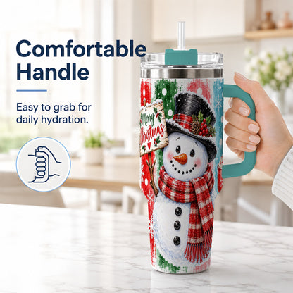 #pl[40oz|Green] Christmas Snowman 40oz Tumbler with Handle, Holiday Travel Cup