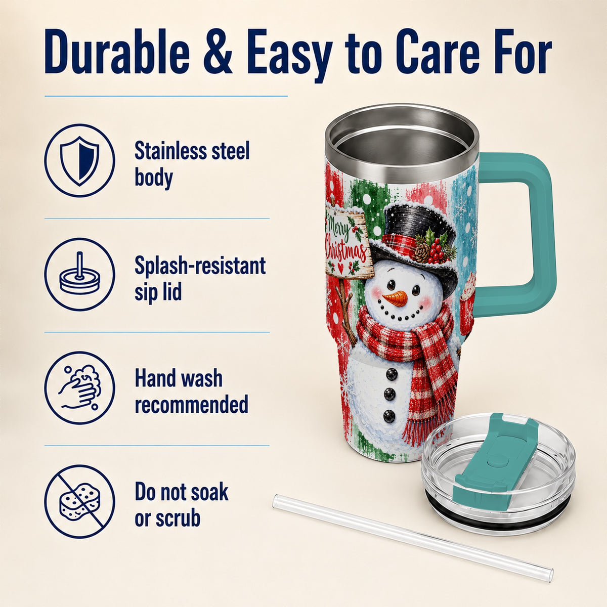 #pl[40oz|Green] Christmas Snowman 40oz Tumbler with Handle, Holiday Travel Cup