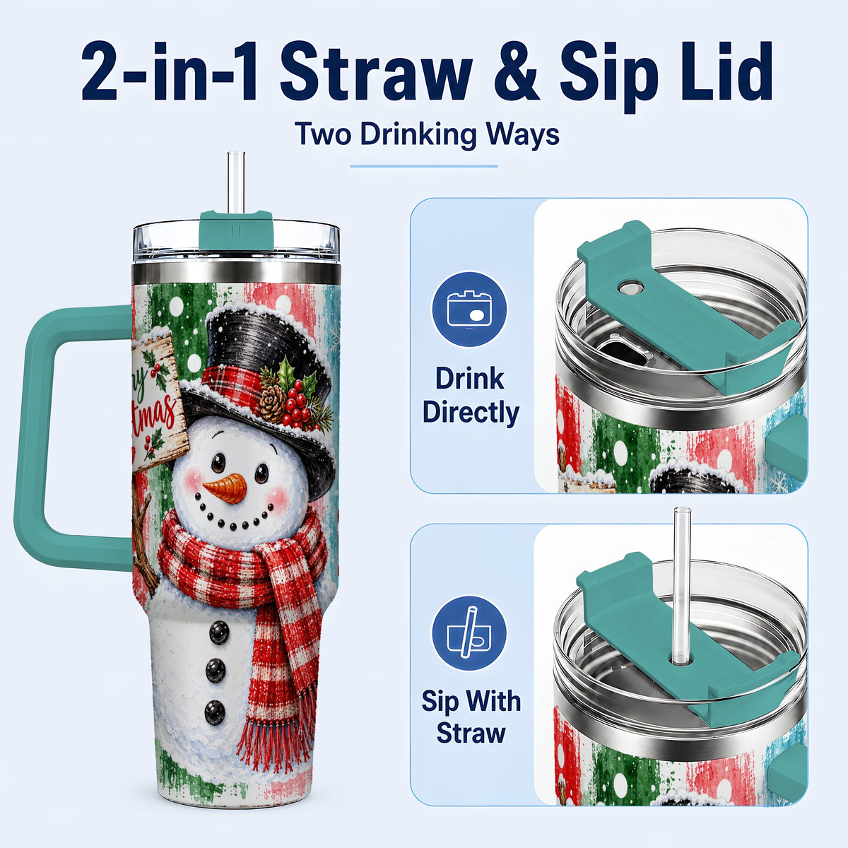 #pl[40oz|Green] Christmas Snowman 40oz Tumbler with Handle, Holiday Travel Cup