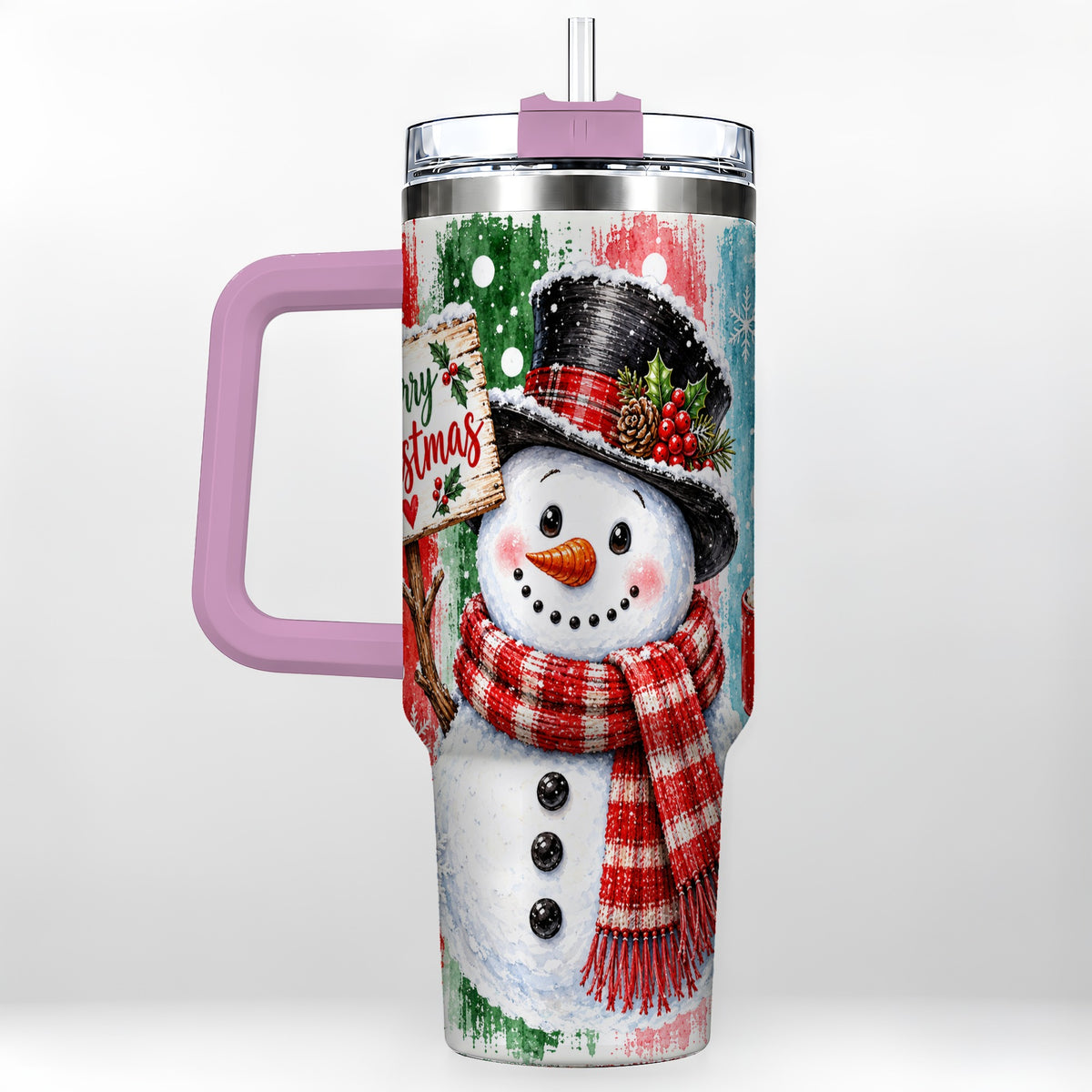 #pl[40oz|Pink] Christmas Snowman 40oz Tumbler with Handle, Holiday Travel Cup