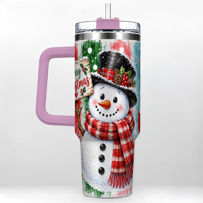 #pl[40oz|Pink] Christmas Snowman 40oz Tumbler with Handle, Holiday Travel Cup