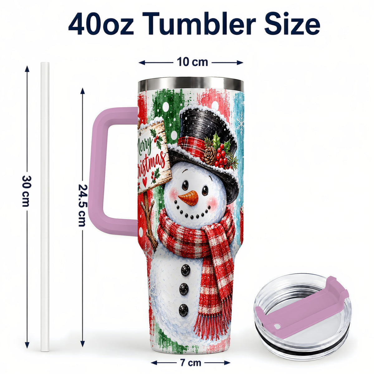 #pl[40oz|Pink] Christmas Snowman 40oz Tumbler with Handle, Holiday Travel Cup