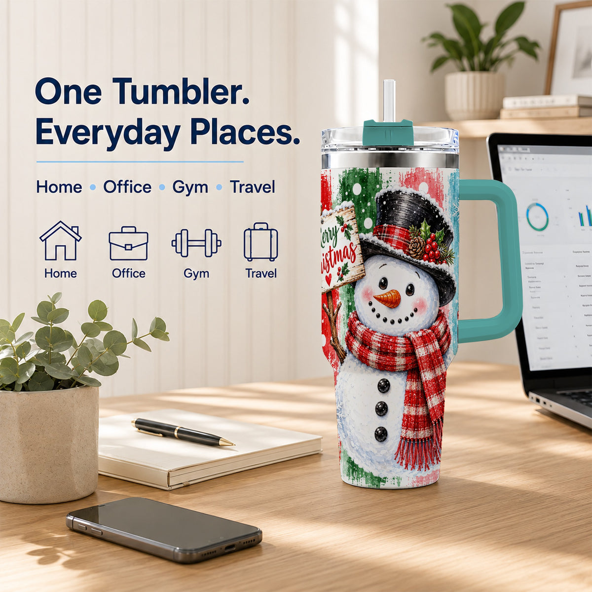 #pl[40oz|Green] Christmas Snowman 40oz Tumbler with Handle, Holiday Travel Cup