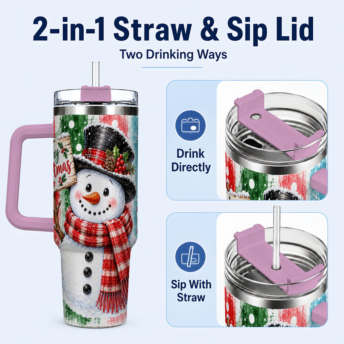 #pl[40oz|Pink] Christmas Snowman 40oz Tumbler with Handle, Holiday Travel Cup