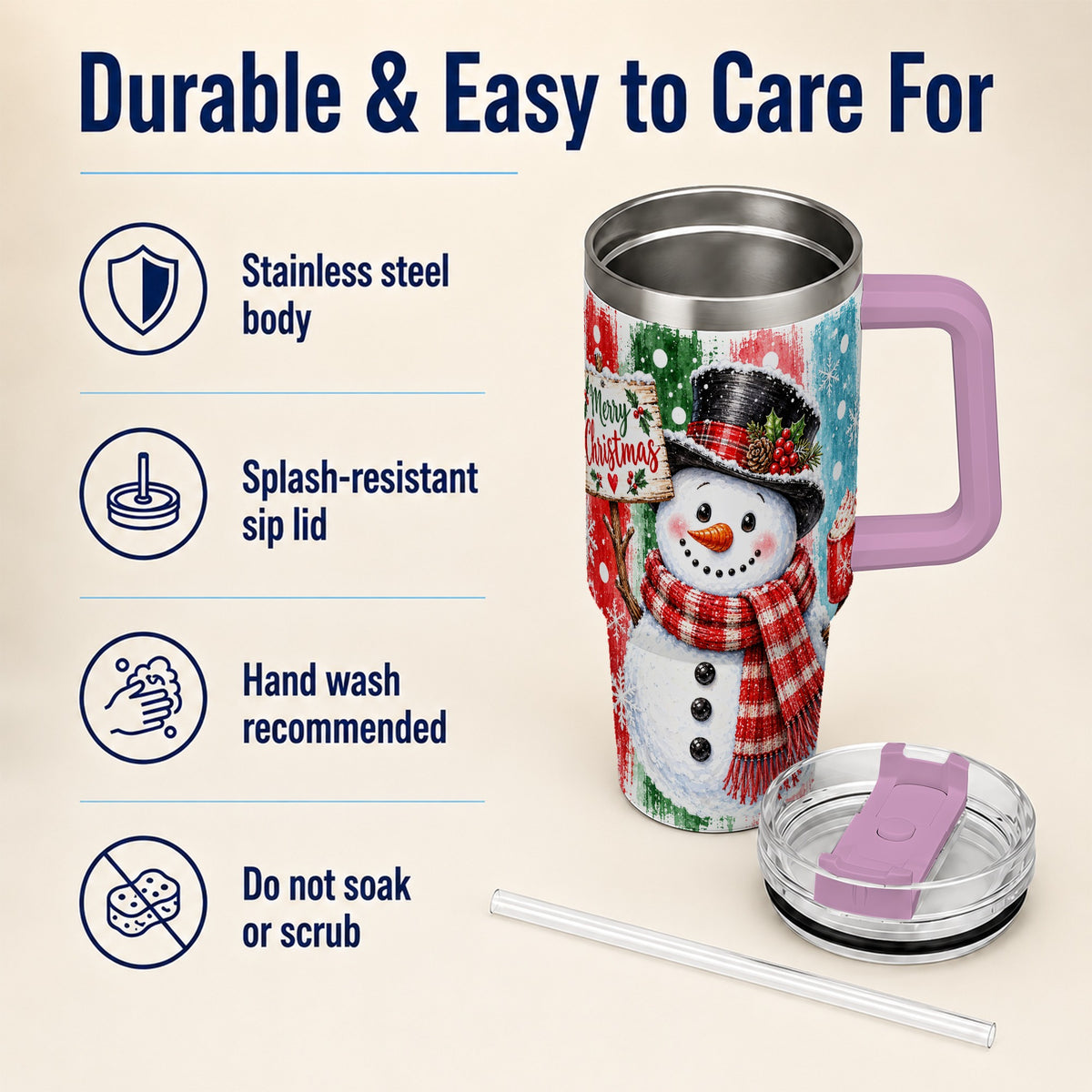 #pl[40oz|Pink] Christmas Snowman 40oz Tumbler with Handle, Holiday Travel Cup